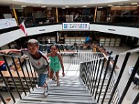 Students are challenged to 'Be Inspired', as they make their way up the stairs of the hub inside the Casimir Pulaski elementary school as students across New Bedford return to school.  [ PETER PEREIRA/THE STANDARD-TIMES/SCMG ]